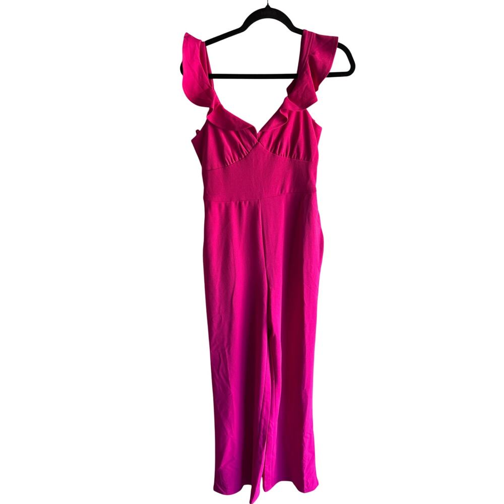 NWT Francesca's Hot Pink Jumpsuit Sleeveless Ruffle Vneck Size Small MSRP $69
